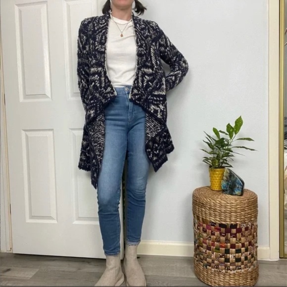 Lucky Brand Navy Geometric Intarsia Alpaca Blend Knit Sweater Cardigan Sz Large - Picture 2 of 11